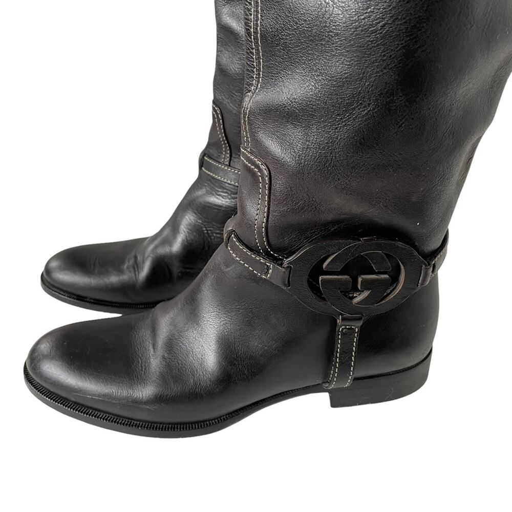 Gucci Interlocking G Logo Tall Riding Boots Knee Leather Black 7 GUC - Picture 11 of 16